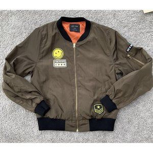 Love Tree Womens Army Brown Bomber Jacket with Orange Lining Patches Sz Large